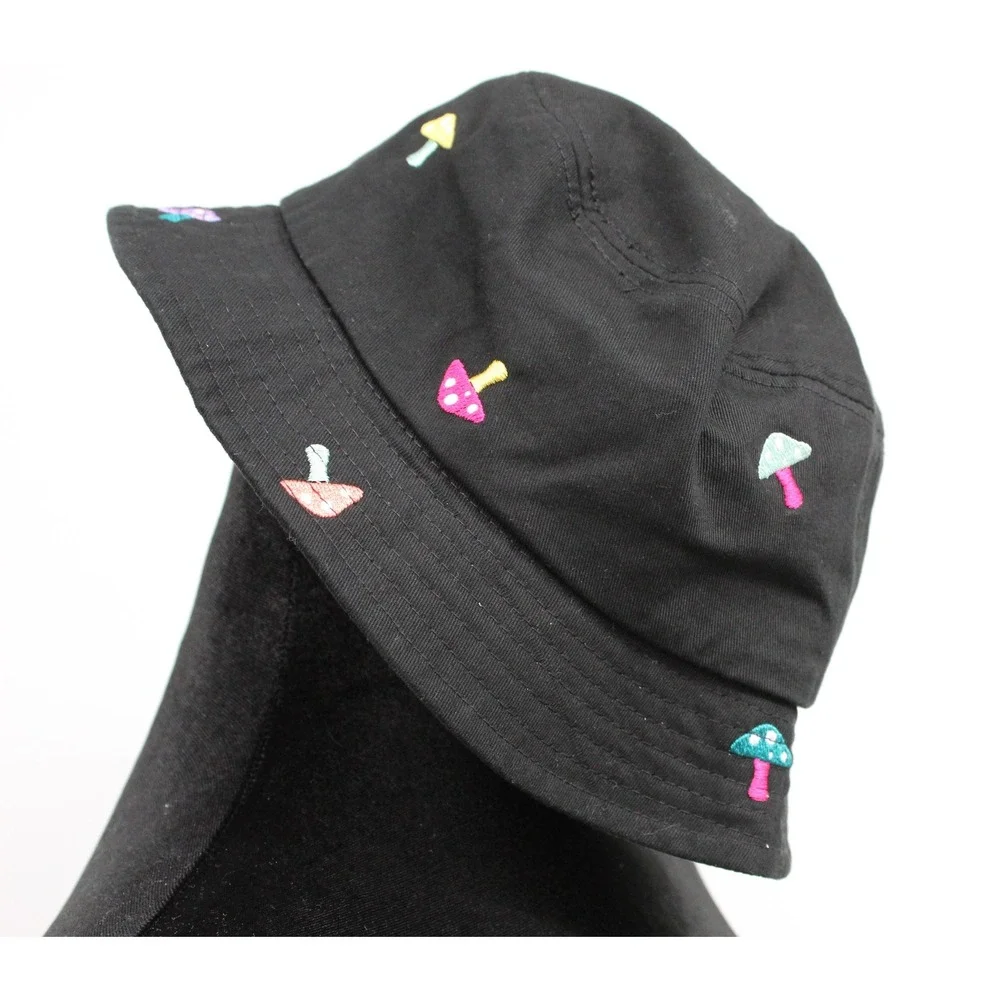 A-Lab Black Mushroom Embroidered Bucket Hat Cotton Streetwear Festival Cap